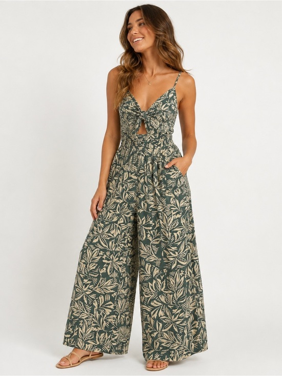 Angie Pants - Angie Tropical Leaf Print Wide Leg Jumpsuit Green Cream Size M Boho Resort